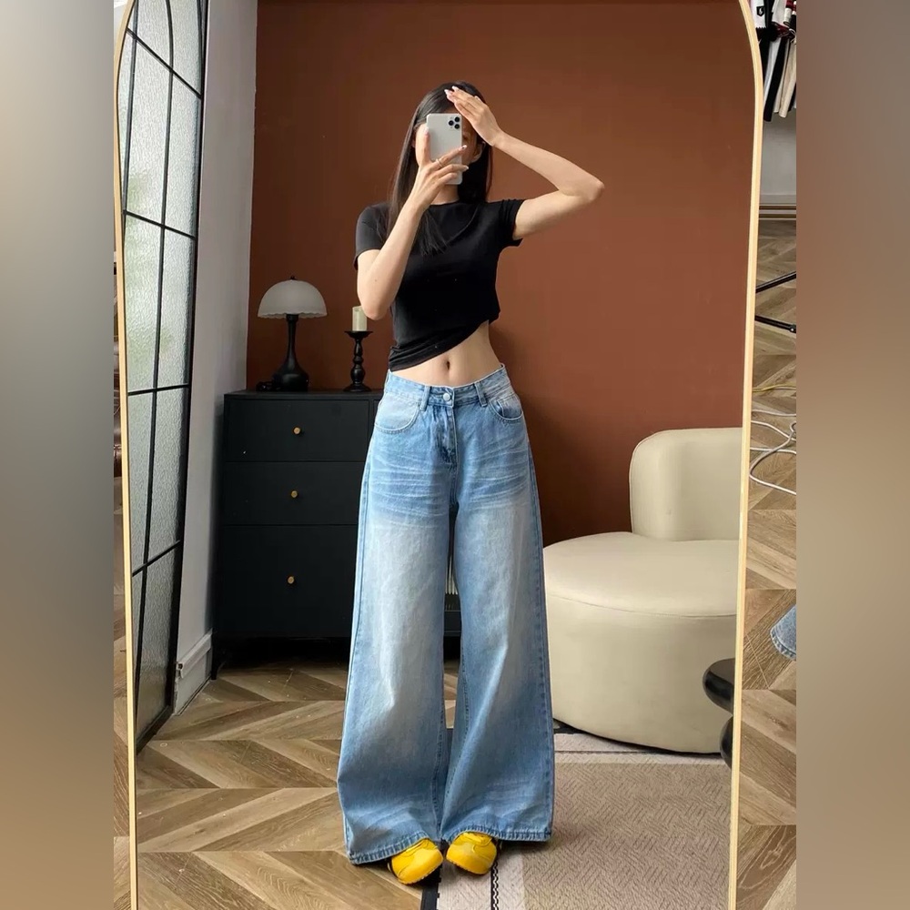 Y2K Wide Leg Jeans Women High Rise 29" Blue Baggy Whiskering‎ Fading